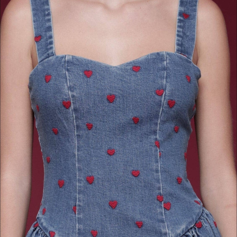 Avec Les Filles Blue Denim Heart Embroidery Dress - Picture 4 of 7